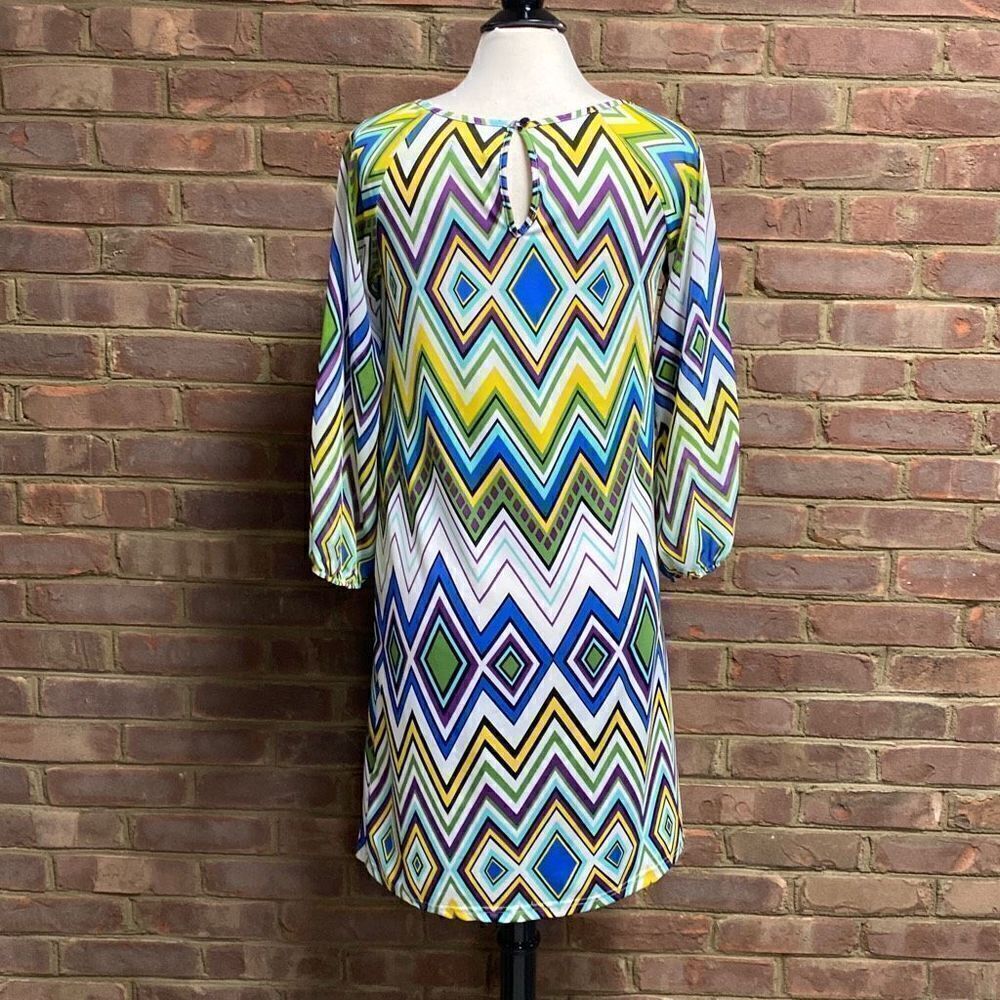 Voir Voir Multi Color Pleated Neck Dress Size 8 - Picture 5 of 7